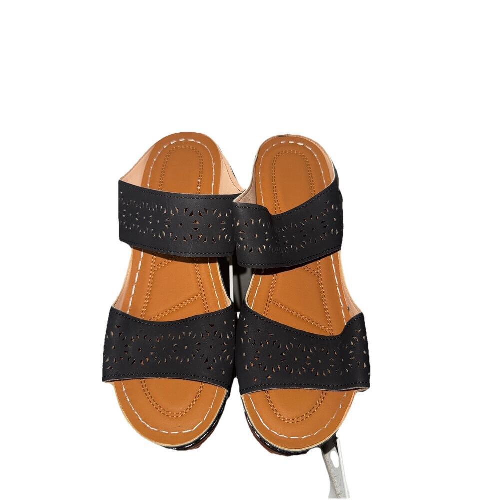Women's Black Slide Sandals Laser Cut Low Heel EU 42 US 11 Comfort